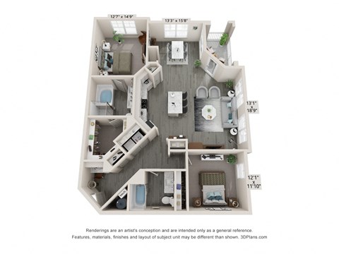 Floor plan for 2 beds, 2 baths, 1347 sqft